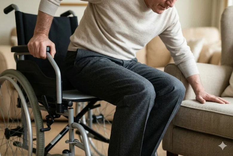Homem cadeirante vestindo calça de alfaiataria cinza estruturada, realizando o movimento de transferência ao deslizar lateralmente de sua cadeira de rodas para um sofá bege confortável. A imagem foca do abdômen para baixo, destacando o caimento impecável e funcional da roupa na posição sentada.