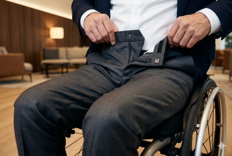 Homem cadeirante vestindo calça social cinza de alfaiataria adaptada, ajustando o cós frontal que possui fechamento discreto por tiras aderentes e imãs invisíveis, demonstrando a funcionalidade da peça.