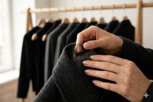 Mãos de uma pessoa tocando um pequeno anel de silicone texturizado fixado na costura interna de um casaco escuro. Ao fundo, uma arara de roupas de madeira com cabides exibindo várias peças em tons escuros e cinzas semelhantes, em um ambiente iluminado de forma suave e minimalista.