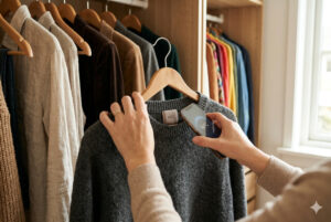 Mãos de uma pessoa tocando um suéter cinza em um cabide dentro de um guarda-roupa, enquanto aproxima a parte traseira de um smartphone da etiqueta da gola para fazer a leitura por aproximação. Ao fundo, outras roupas estão organizadas em cabides.