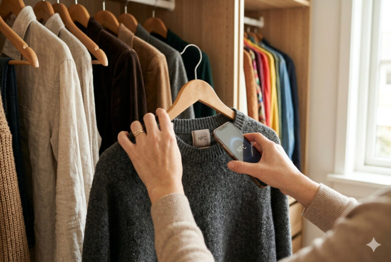 Mãos de uma pessoa tocando um suéter cinza em um cabide dentro de um guarda-roupa, enquanto aproxima a parte traseira de um smartphone da etiqueta da gola para fazer a leitura por aproximação. Ao fundo, outras roupas estão organizadas em cabides.