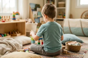 Uma criança vista de costas, usando camiseta de algodão verde clara sem costuras aparentes e calça de moletom cinza confortável, sentada no chão de um quarto acolhedor brincando com blocos de madeira, representando o conceito de design sensorial na moda infantil.