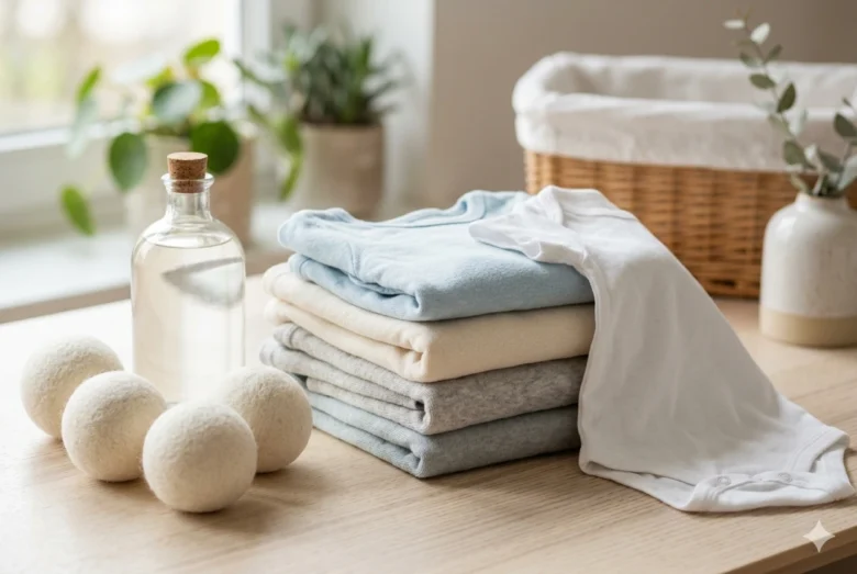 Pilha de roupas infantis sensoriais dobradas em tons pastéis de azul, bege e cinza sobre mesa de madeira, ao lado de um frasco de vidro com produto neutro e esferas de lã para lavanderia.
