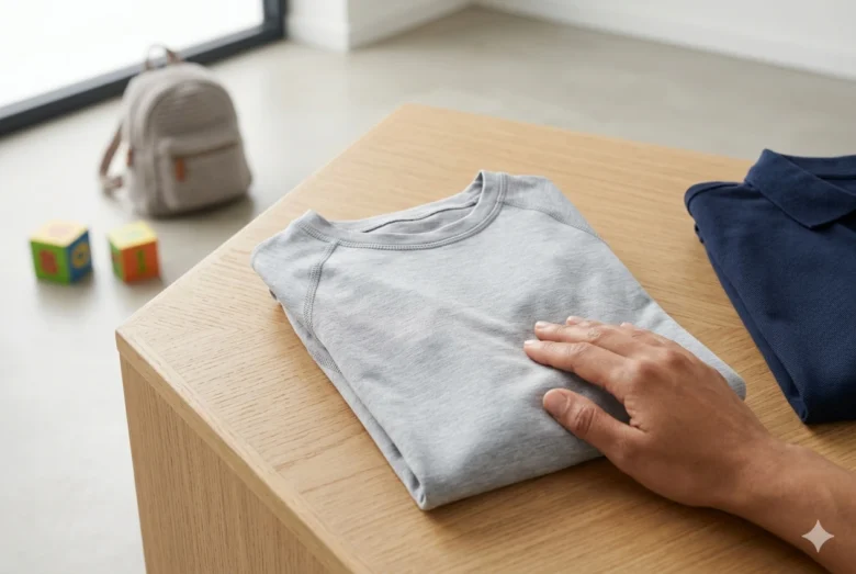 Uma mão toca suavemente uma camiseta cinza de compressão sensorial dobrada sobre um móvel de madeira. Ao lado, há um uniforme escolar azul-marinho dobrado. Ao fundo, desfocados no chão, aparecem uma mochila infantil e blocos de montar coloridos.