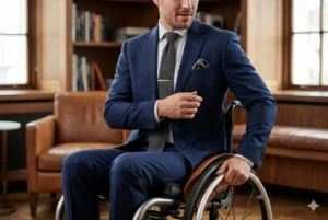 Homem elegante de terno azul e gravata escura com prendedor metálico, sentado em cadeira de rodas, com a mão posicionada no aro de propulsão, demonstrando a harmonia entre alfaiataria e funcionalidade.