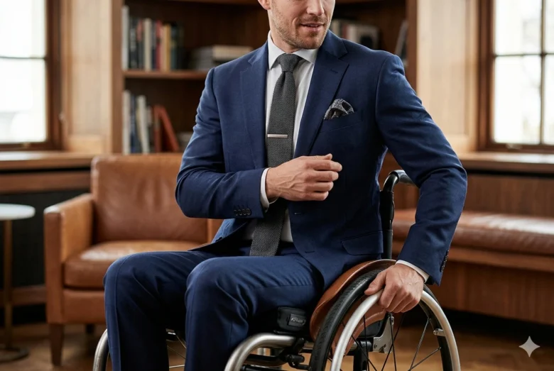 Homem elegante de terno azul e gravata escura com prendedor metálico, sentado em cadeira de rodas, com a mão posicionada no aro de propulsão, demonstrando a harmonia entre alfaiataria e funcionalidade.