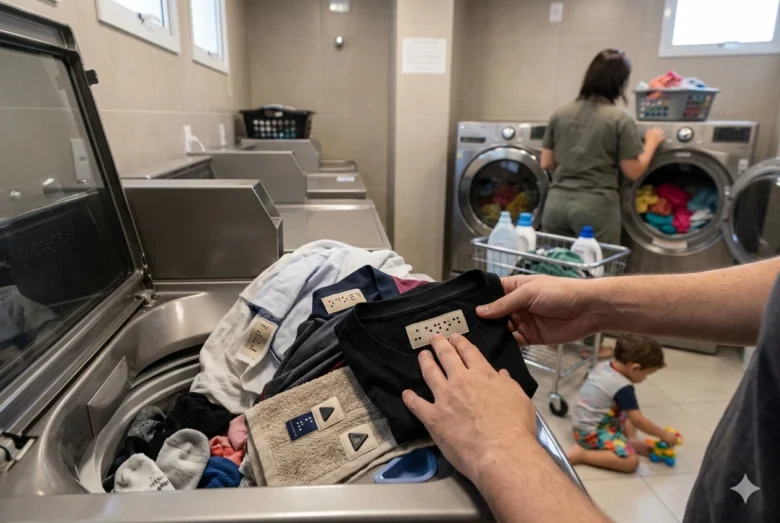 Fotografia em plano detalhe das mãos de uma pessoa tocando uma etiqueta com pontos em Braille fixada na gola de uma camiseta preta. A peça está apoiada sobre a abertura de uma máquina de lavar roupas em uma lavanderia compartilhada. Ao fundo, uma mulher de costas organiza roupas em outra máquina e uma criança pequena brinca no chão, também de costas.
