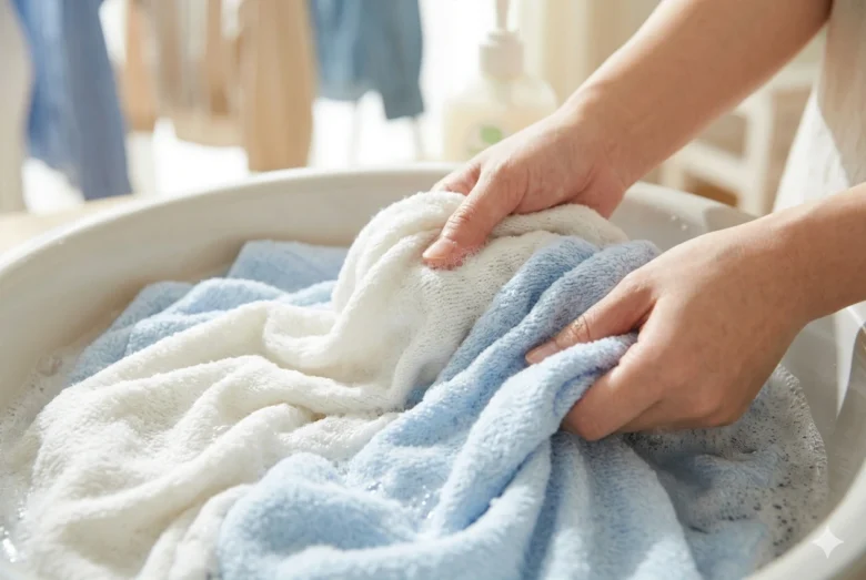 Mãos de uma mãe lavando delicadamente roupas infantis de tecido sensorial azul e branco em uma bacia com espuma suave, destacando a textura maleável e o cuidado com o vestuário.
